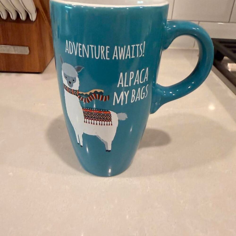 Alpaca "adventure awaits" Blue coffee mug with cute llama design